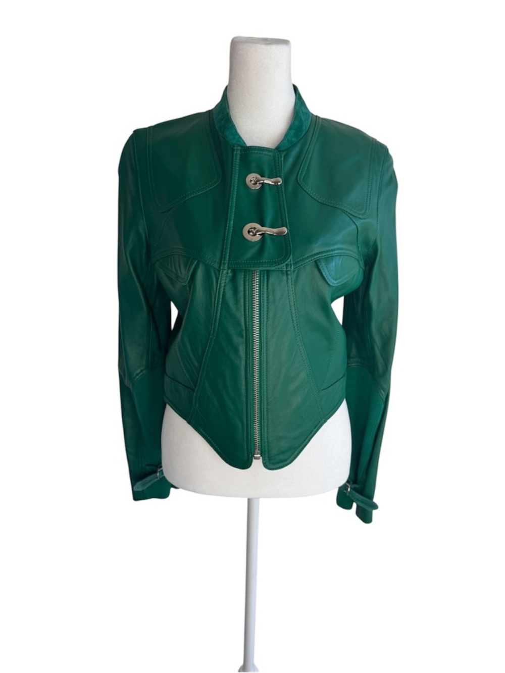 Women's Emerald Green Leather Moto Jacket with Toggle Detail